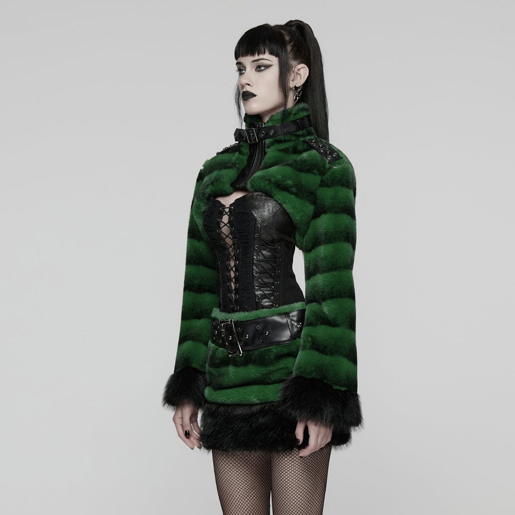 Women's Punk Buckle-up Strap Stand Collar Faux Fur Short Cape Green - Image 2