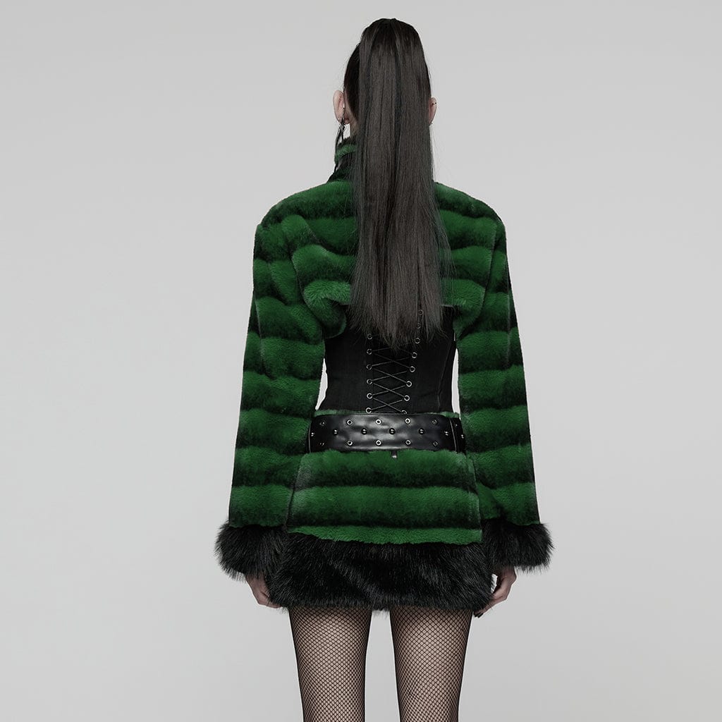 Women's Punk Buckle-up Strap Stand Collar Faux Fur Short Cape Green - Image 3