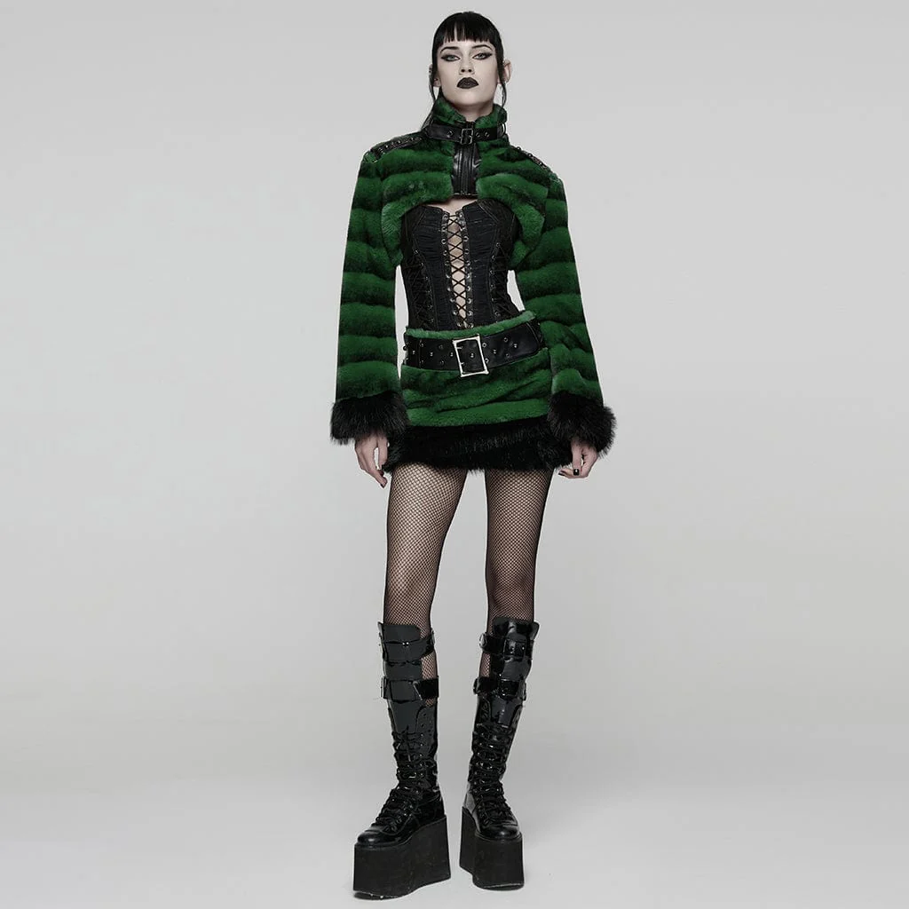 Women's Punk Buckle-up Strap Stand Collar Faux Fur Short Cape Green - Image 4