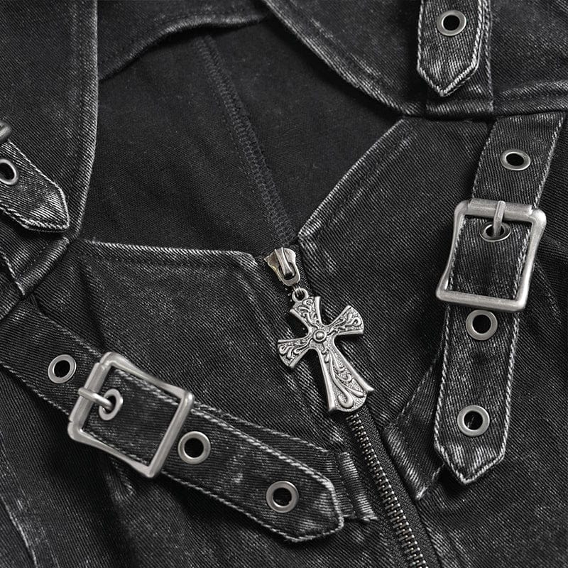 Women's Punk Buckle-up Straps Cutout Zip Vest - Image 10