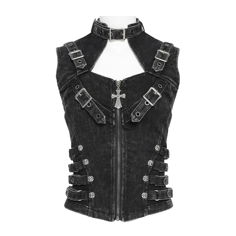 Women's Punk Buckle-up Straps Cutout Zip Vest - Image 6