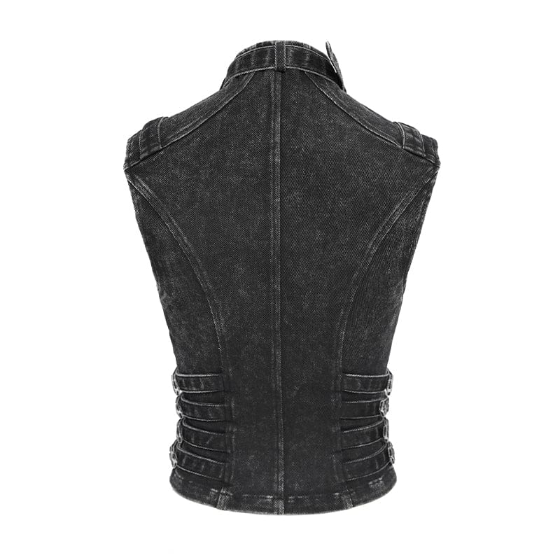 Women's Punk Buckle-up Straps Cutout Zip Vest - Image 8