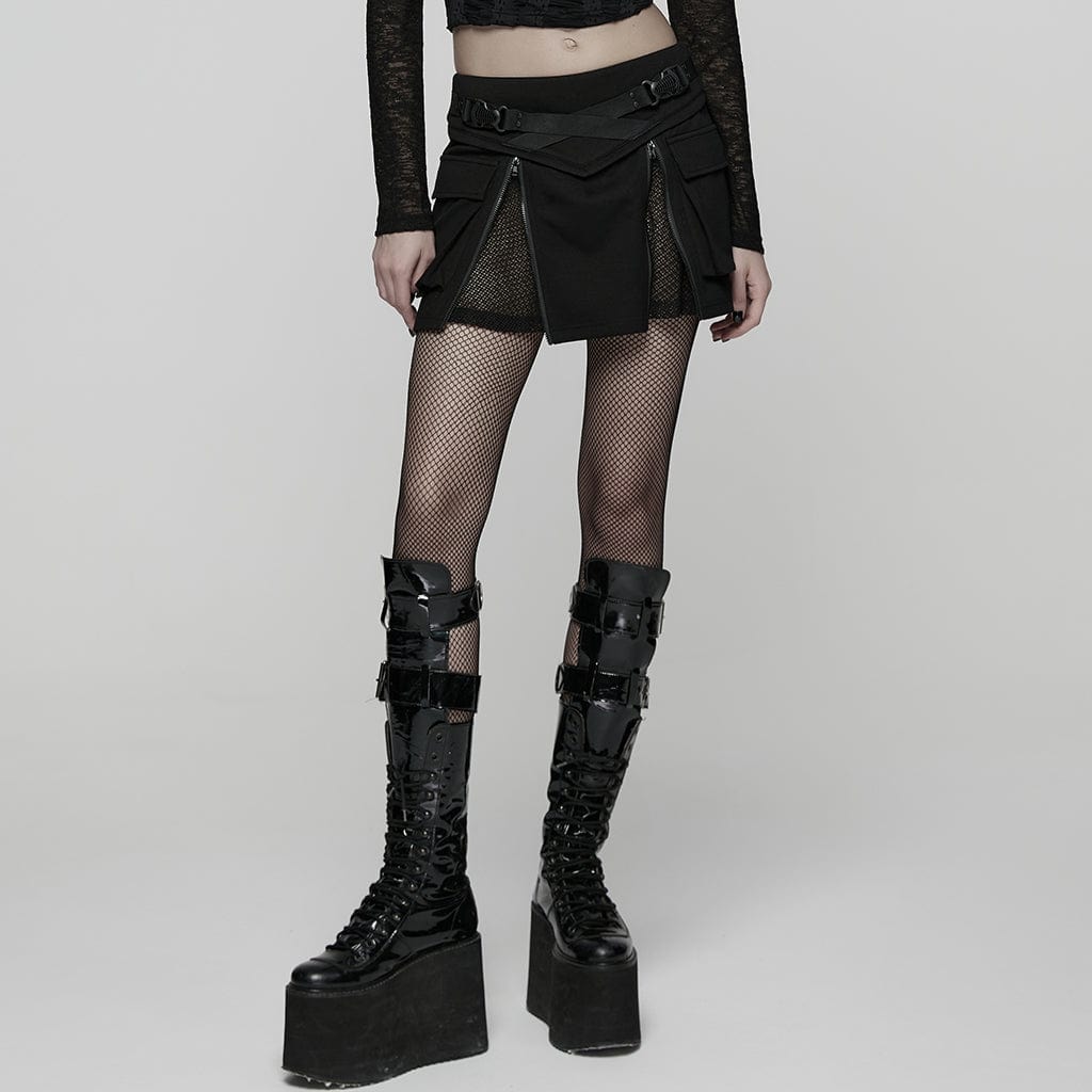 Women's Punk Buckle-up Zip Big Pockets Techwear Skirt