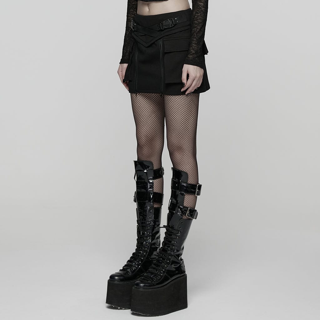 Women's Punk Buckle-up Zip Big Pockets Techwear Skirt - Image 2