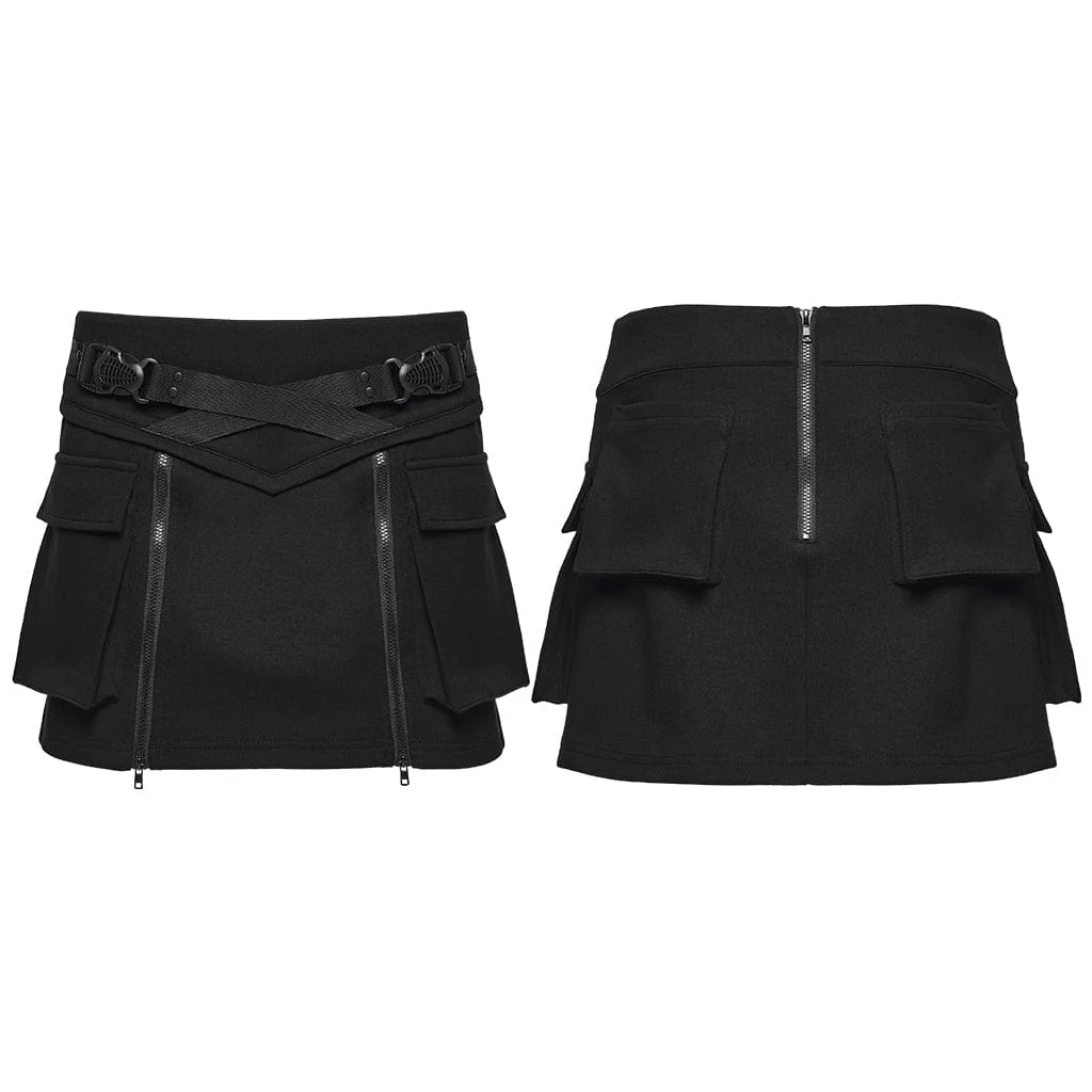 Women's Punk Buckle-up Zip Big Pockets Techwear Skirt - Image 5