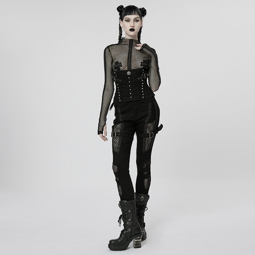 Women's Punk Buckles Mesh Splice Eyelets Jeans - Image 4