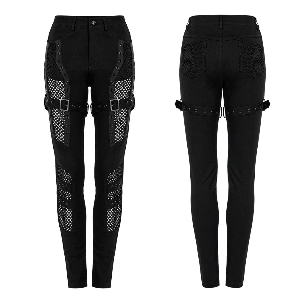 Women's Punk Buckles Mesh Splice Eyelets Jeans - Image 5