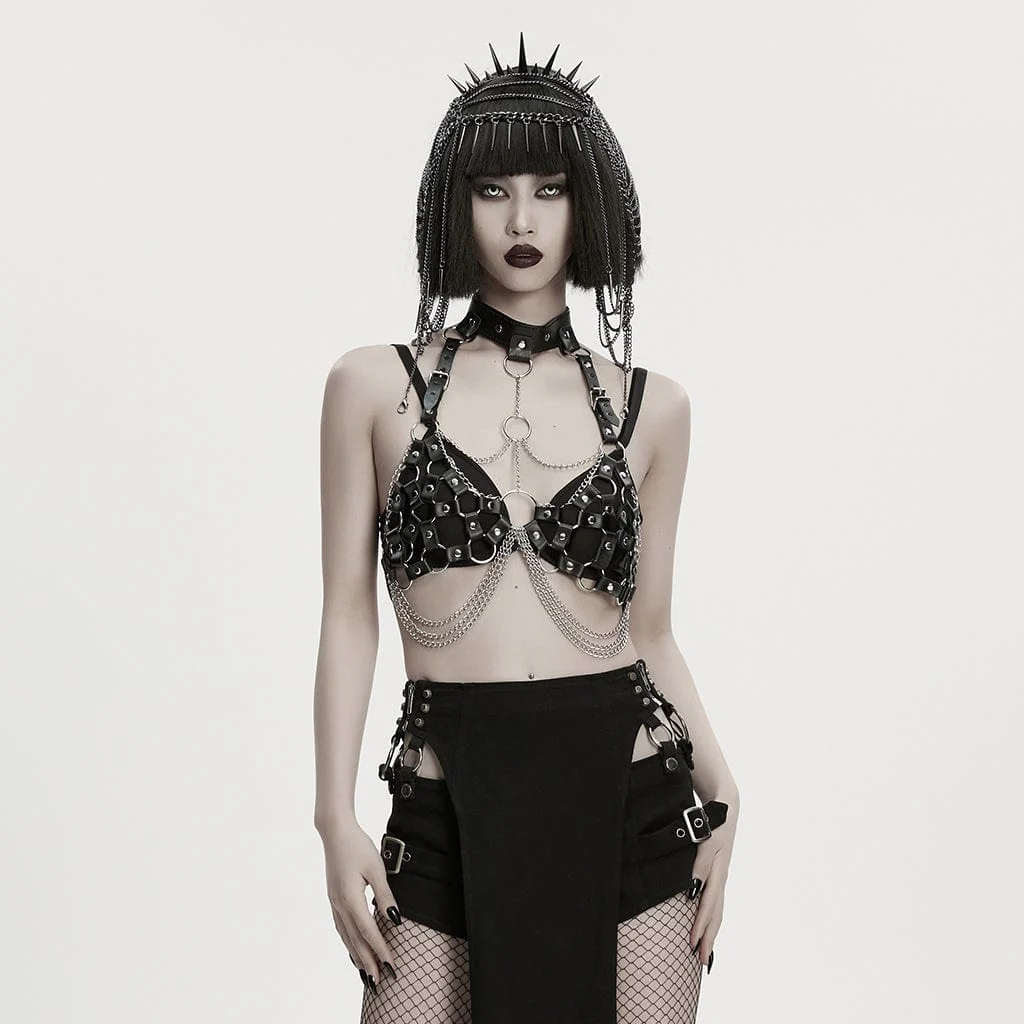 Women's Punk Chain Faux Leather Weaving Halterneck Body Harness - Image 4