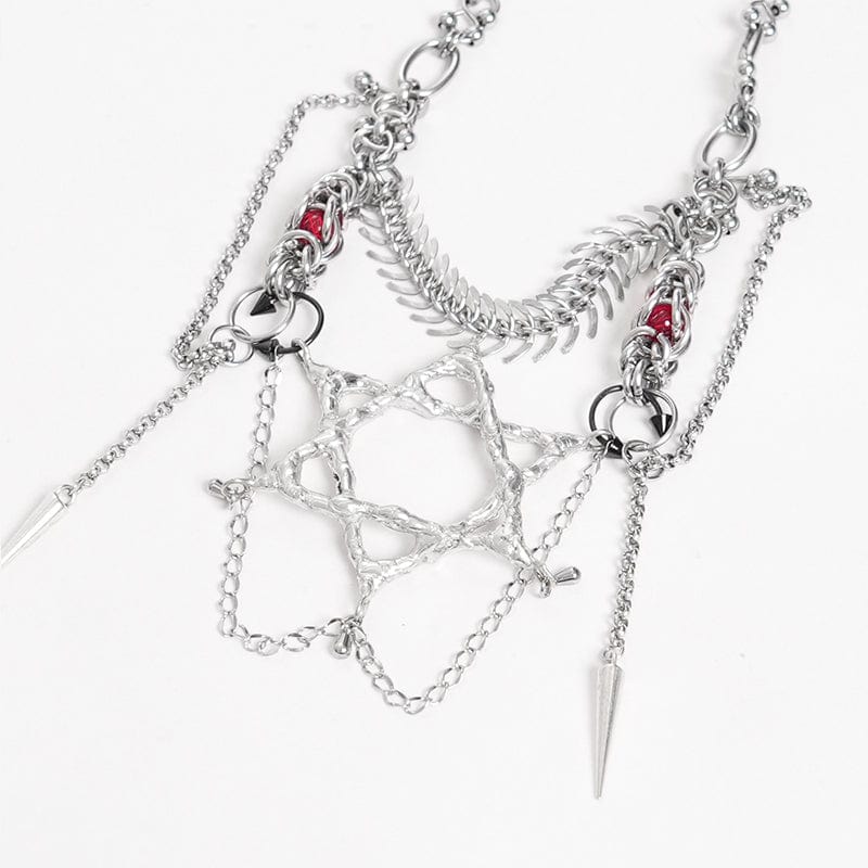 Women's Punk Chain Hexagram Fishbone Necklace - Image 9