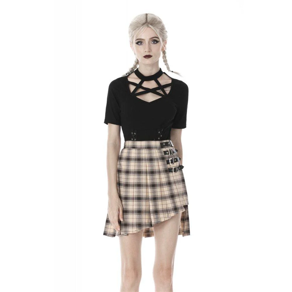 Women's Punk Checked Belts Plaid Pleated Short Skirts - Image 2