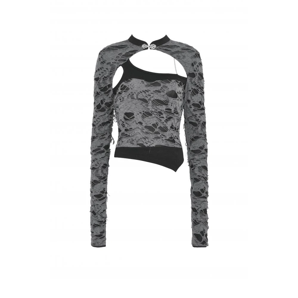 Women's Punk Cheongsam Collar Ripped Cutout Blouse - Image 10