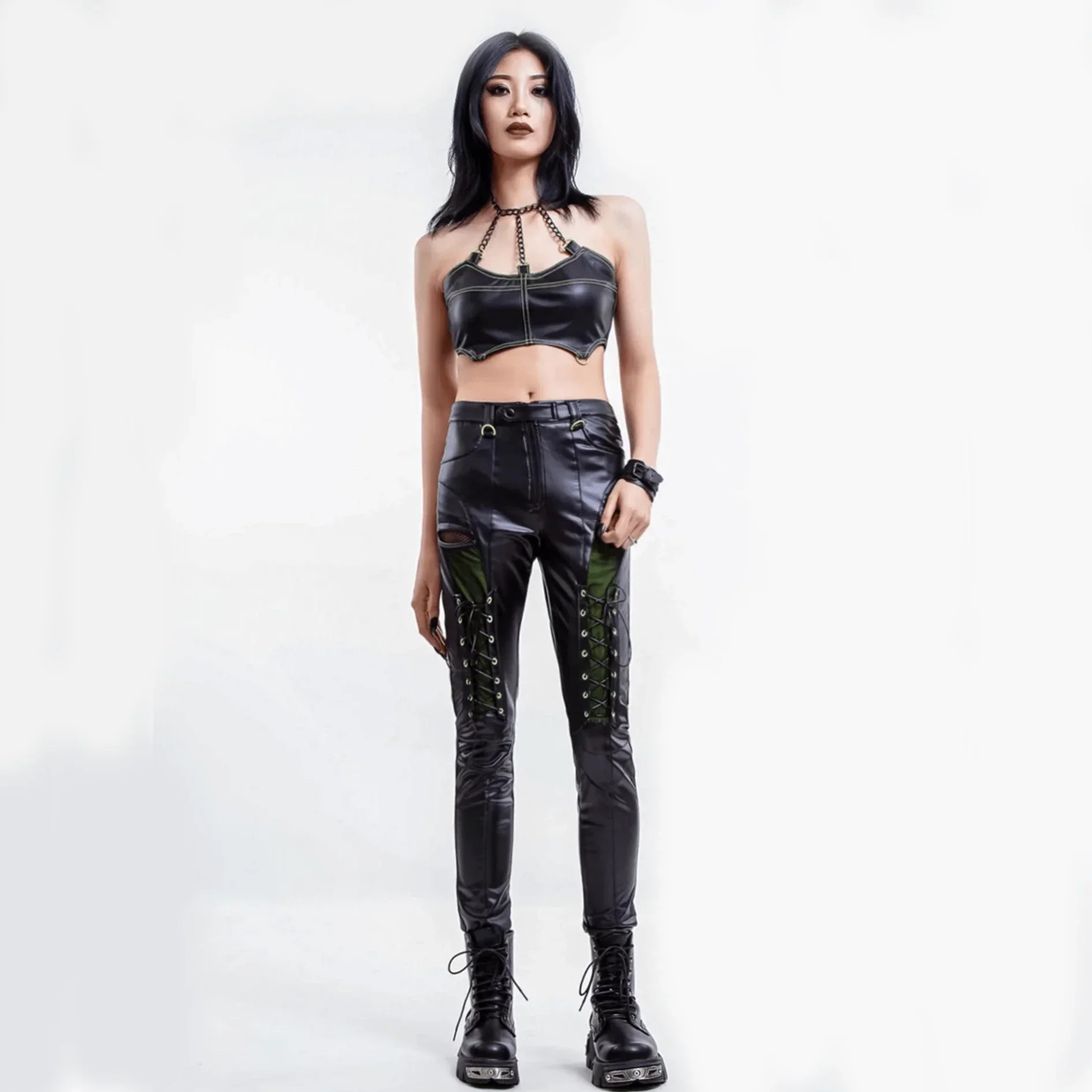 Women's Punk Contrast Color Faux Leather Leggings - Image 4