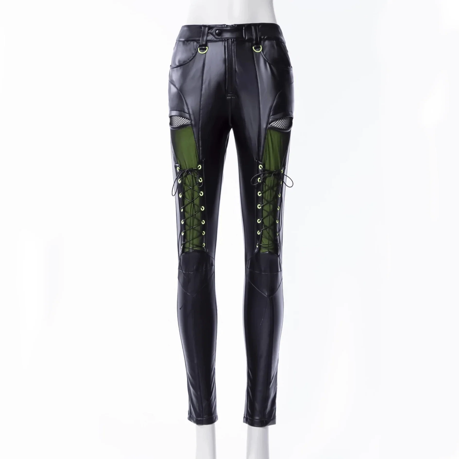 Women's Punk Contrast Color Faux Leather Leggings - Image 5