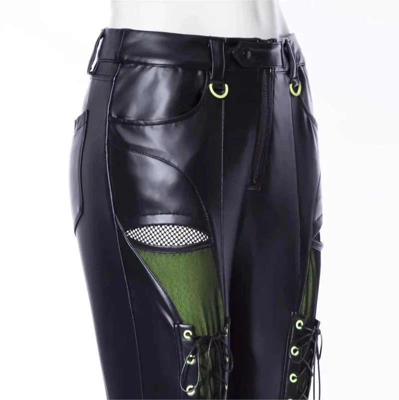 Women's Punk Contrast Color Faux Leather Leggings - Image 7