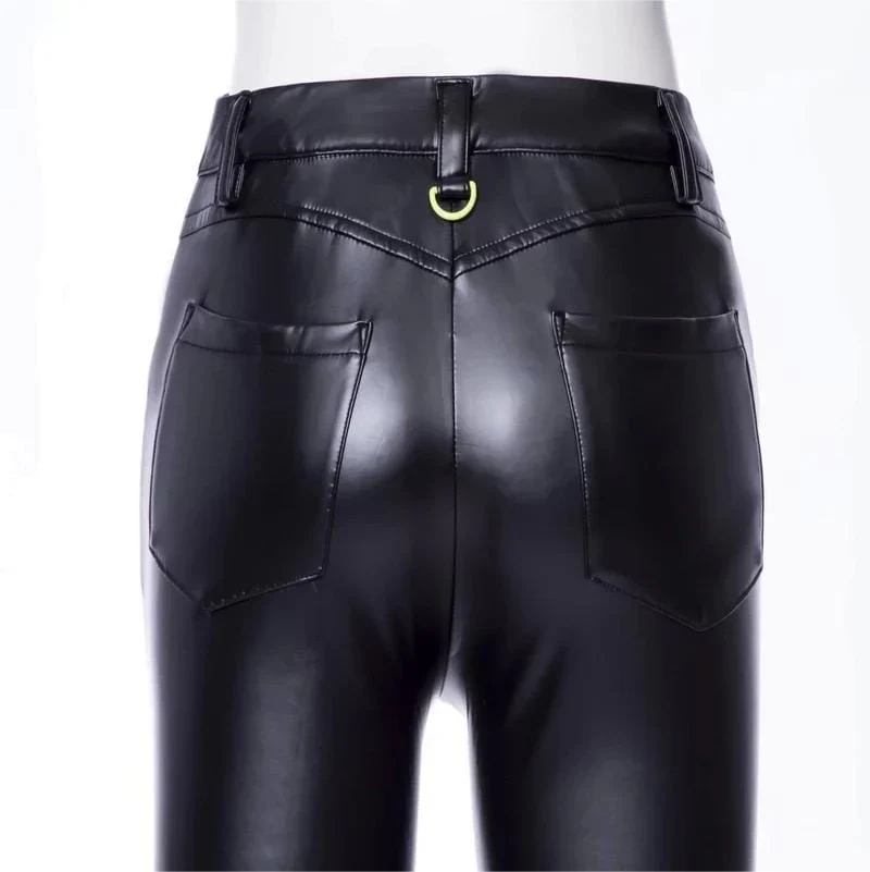 Women's Punk Contrast Color Faux Leather Leggings - Image 9