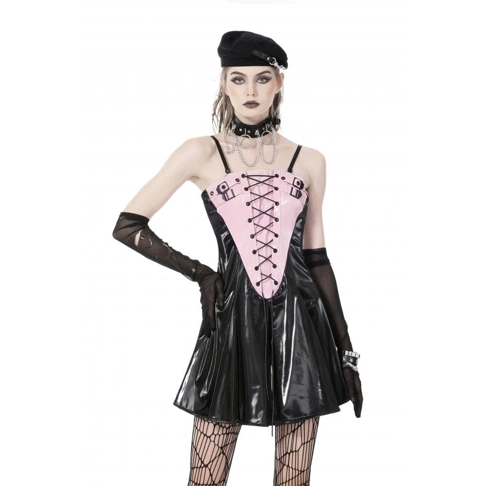 Women's Punk Contrast Color Patent Leather Slip Dress - Image 2