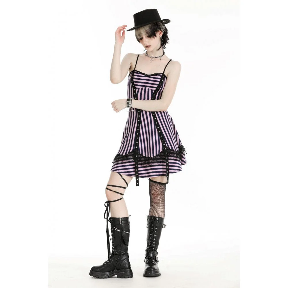 Women's Punk Contrast Color Striped Music Festival Slip Dress - Image 7