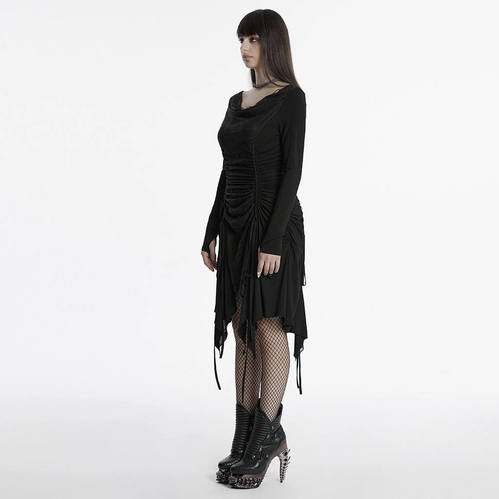 Women's Punk Cowl Neck Drawstring Honeymoon Dress Black - Image 2