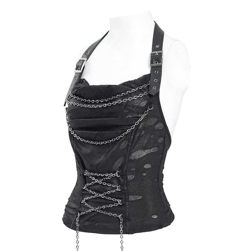 Women's Punk Cowl Neck Ripped Chained Tank Top - Image 8