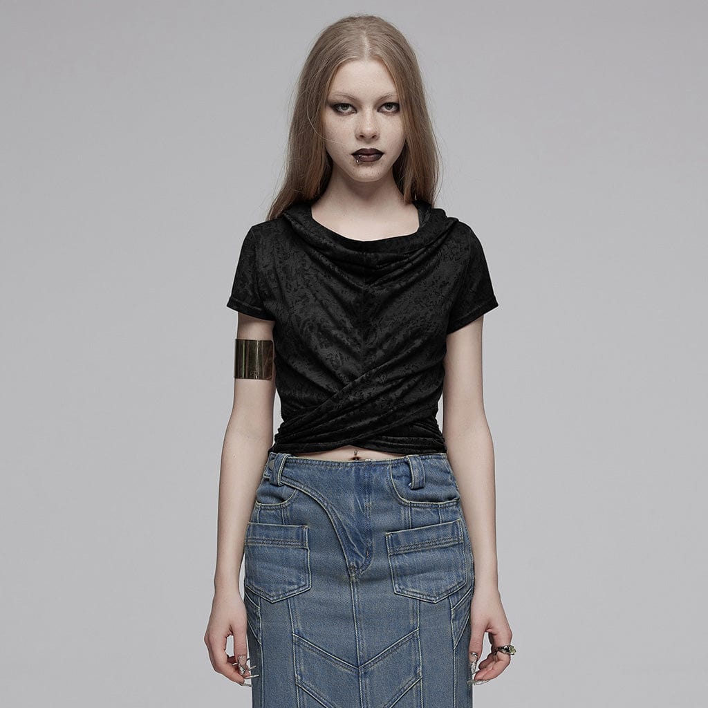 Women's Punk Cowl Neck Ruched Shirt with Hood