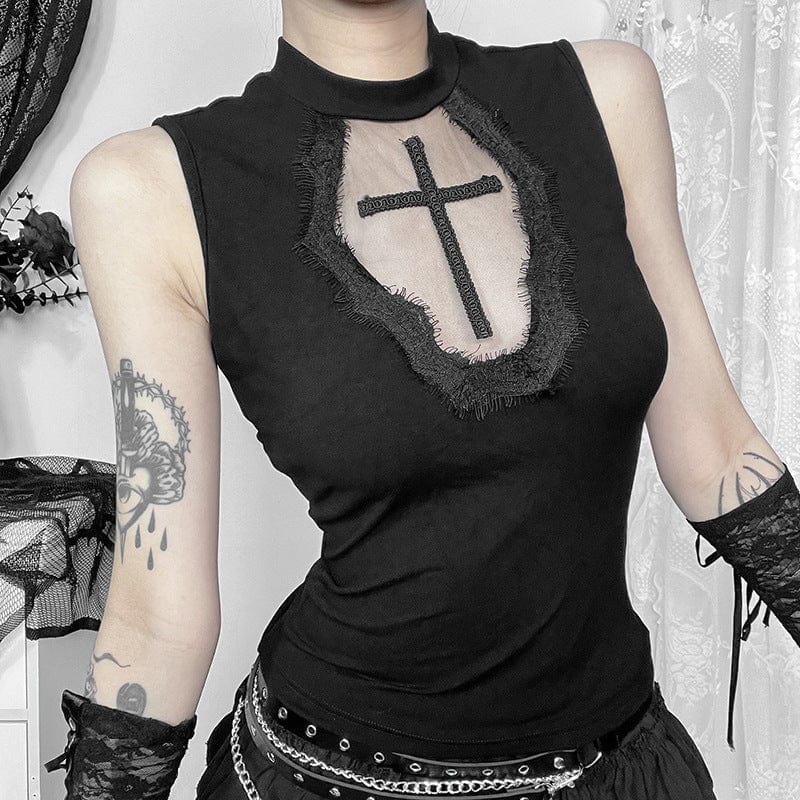 Women's Punk Cross Embroidered Unedged Tank Top - Image 2