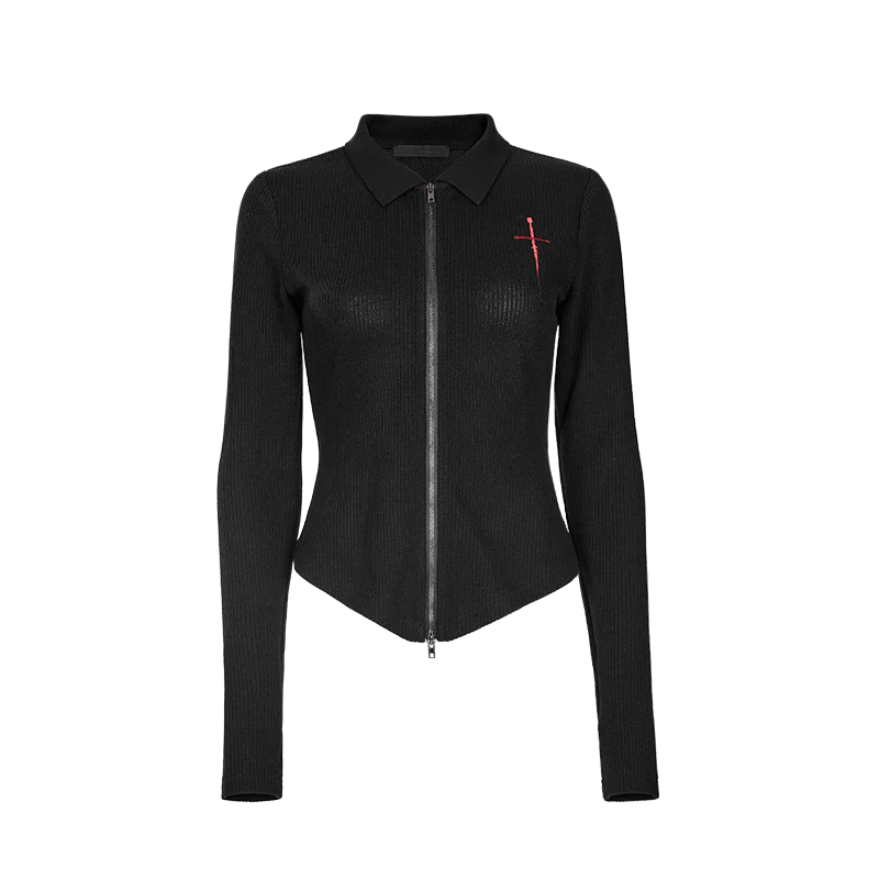 Women's Punk Cross Embroidered Zipper Cardigan - Image 4