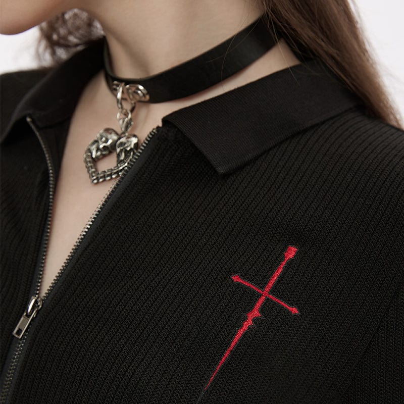 Women's Punk Cross Embroidered Zipper Cardigan - Image 5
