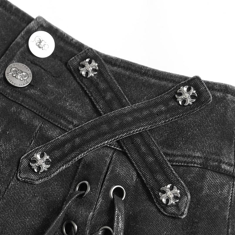 Women's Punk Cross Eyelets High/Low Pleated Skirt - Image 10