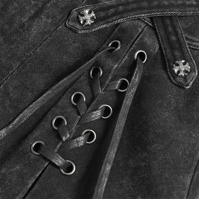 Women's Punk Cross Eyelets High/Low Pleated Skirt - Image 11