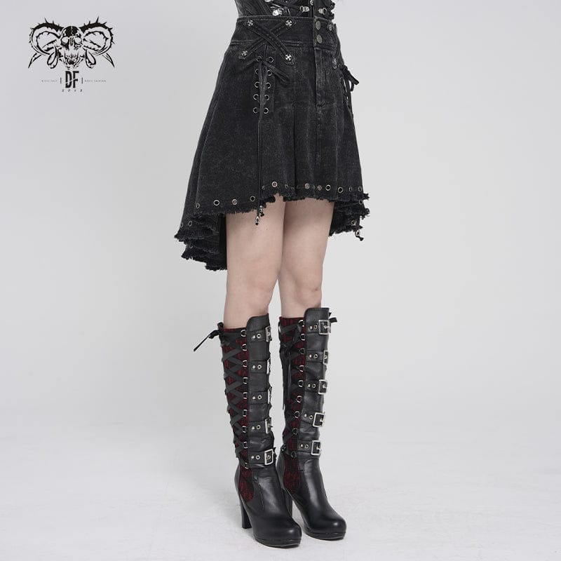 Women's Punk Cross Eyelets High/Low Pleated Skirt - Image 2