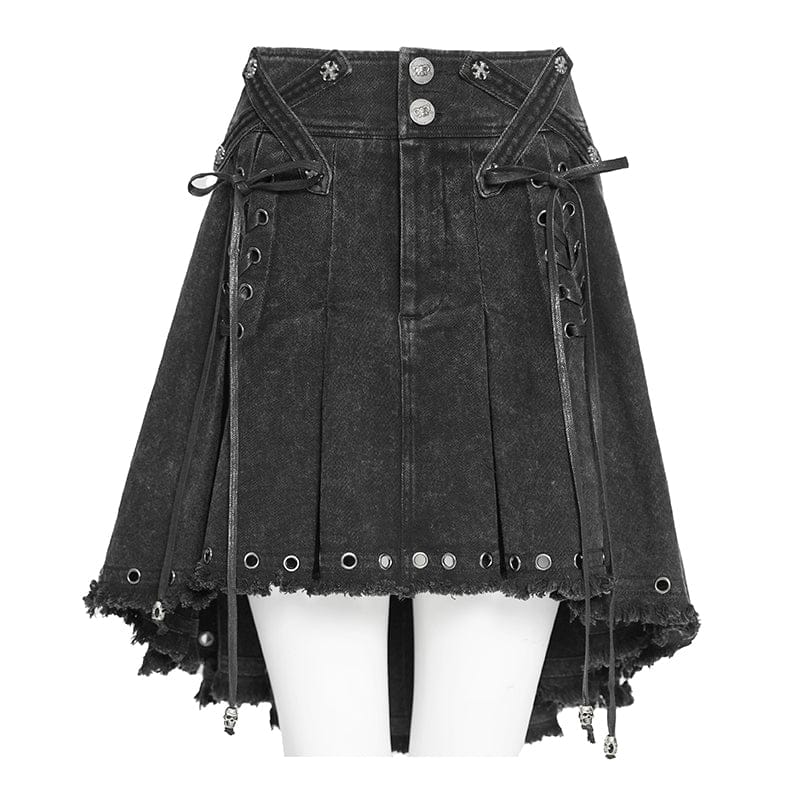 Women's Punk Cross Eyelets High/Low Pleated Skirt - Image 7