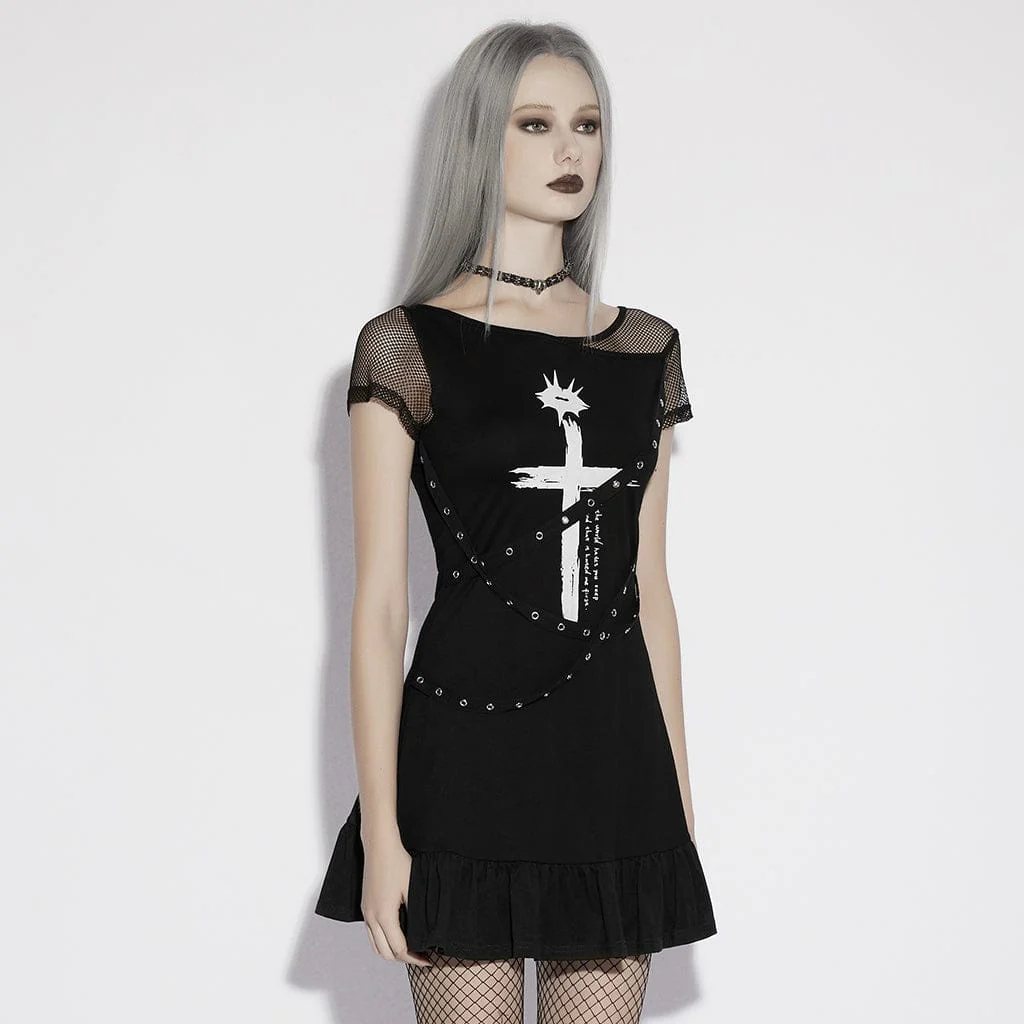 Women's Punk Cross Lip Printed Eyelet Straps Short Sleeved Dress - Image 2