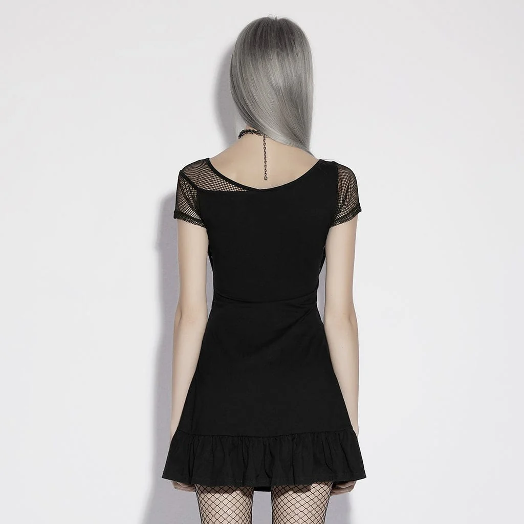 Women's Punk Cross Lip Printed Eyelet Straps Short Sleeved Dress - Image 3