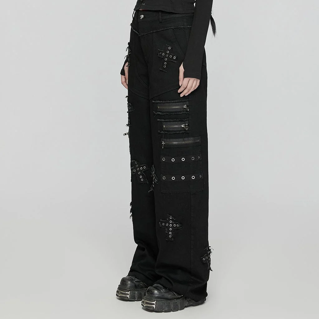 Women's Punk Cross Patch Big-pocket Denim Pants - Image 2
