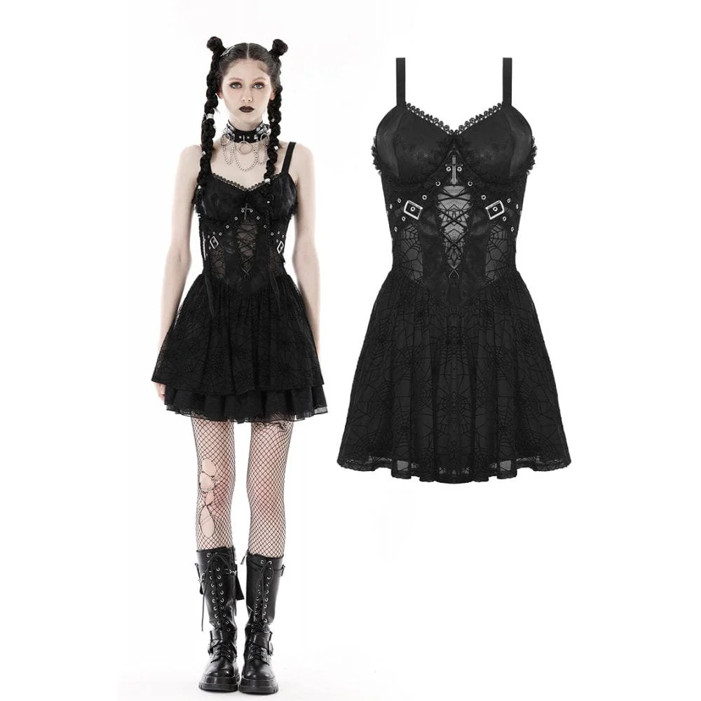 Women's Punk Cross Spider Mesh Slip Dress Graduation Dress