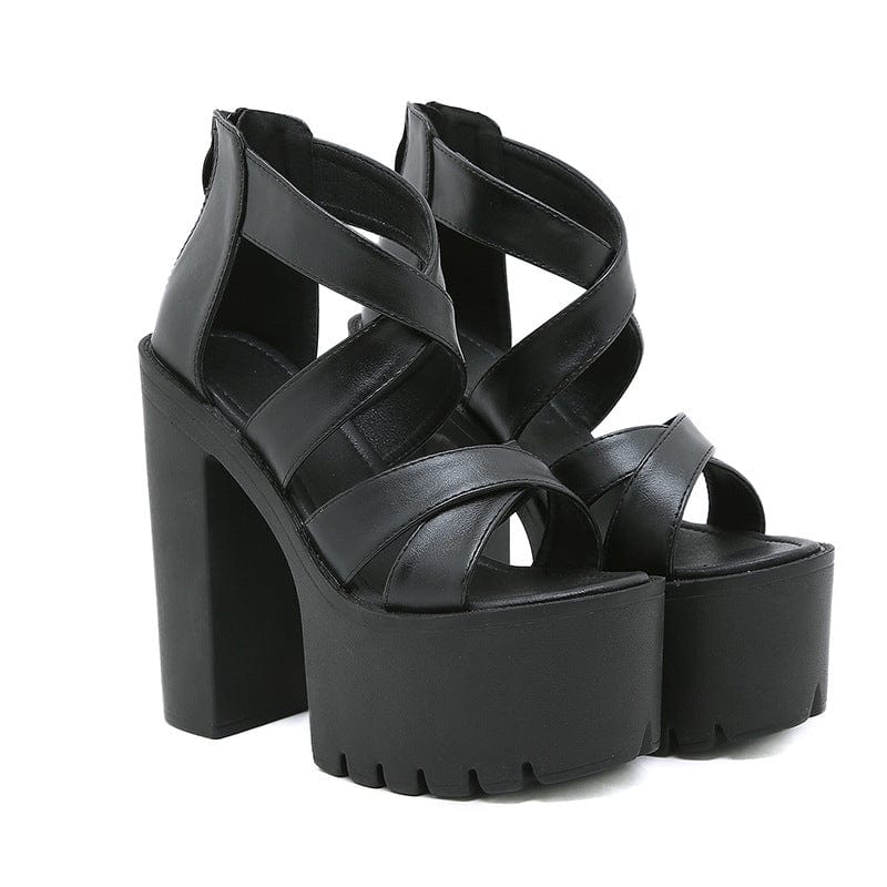 Women's Punk Crossed Zipped Chunky Heel Sandals - Image 6