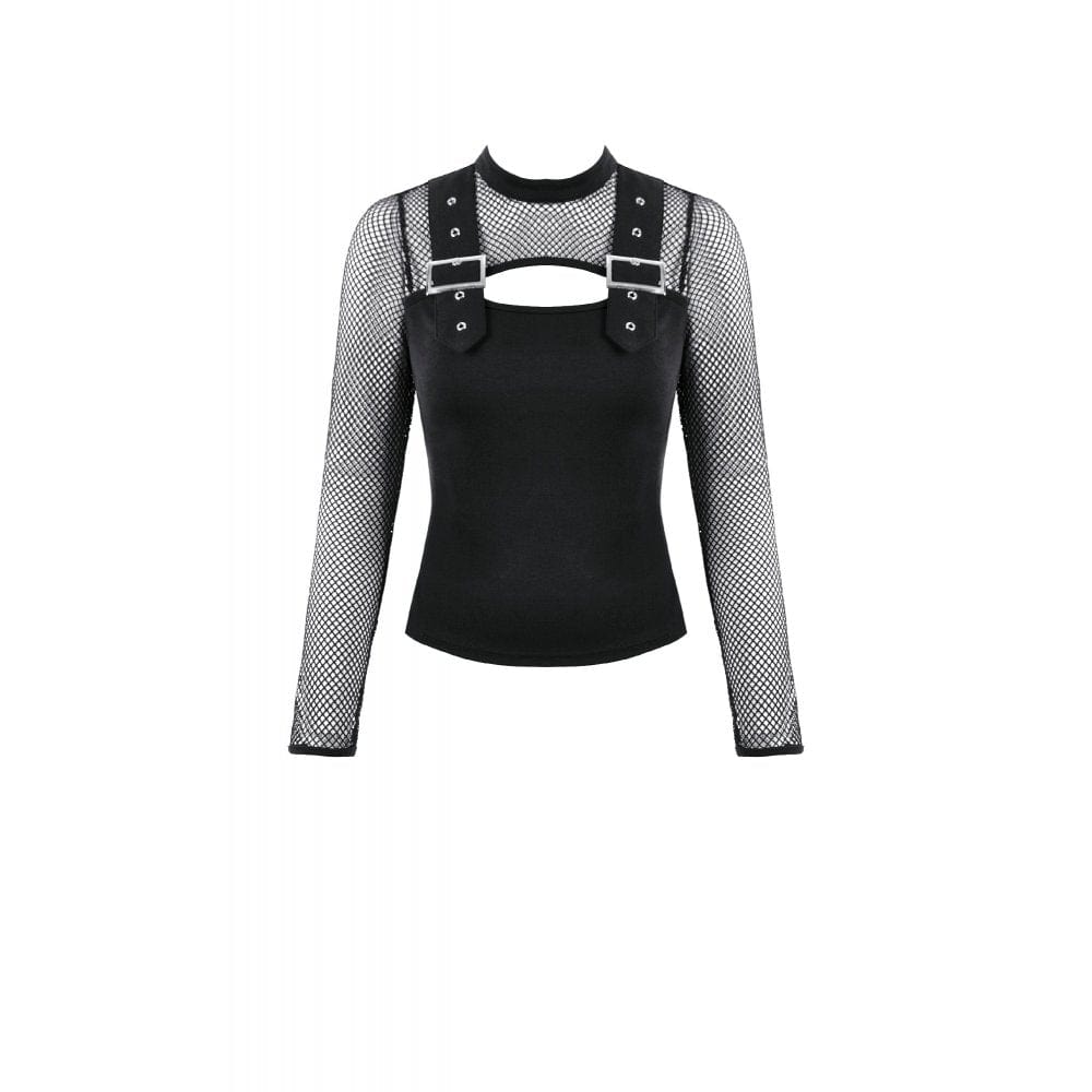 Women's Punk Cut-out Buckle Strap Mesh Splice Top - Image 12