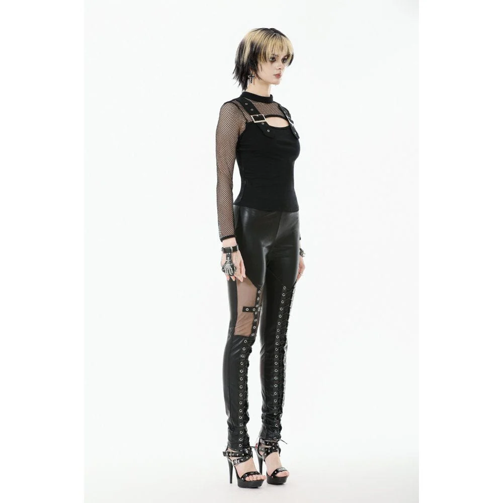 Women's Punk Cut-out Buckle Strap Mesh Splice Top - Image 8