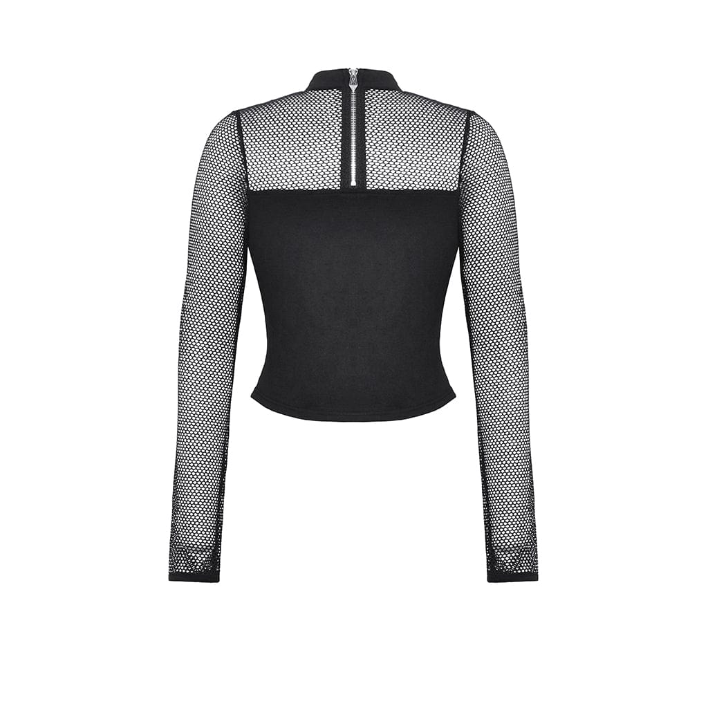 Women's Punk Cut-out Mesh Long Sleeved Blouse - Image 8