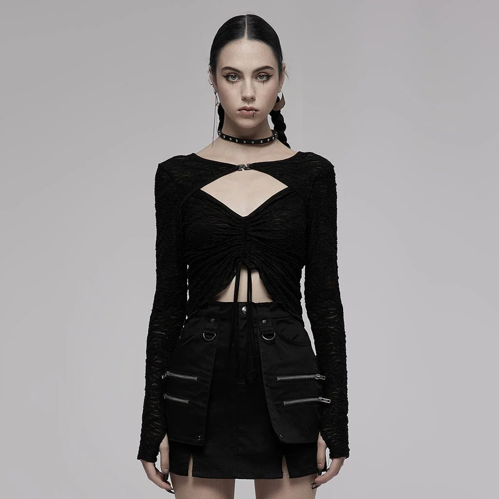 Women's Punk Cutout Drawstring Long Sleeved Shirt