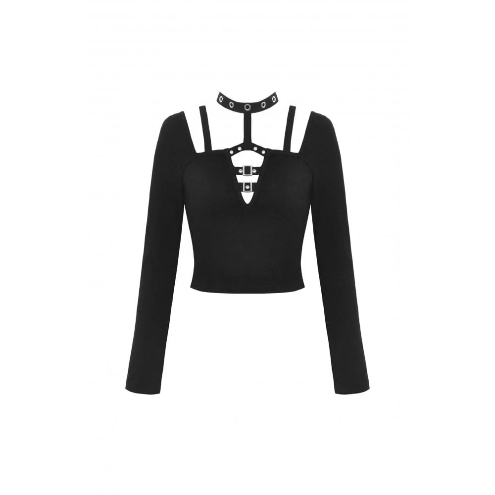 Women's Punk Cutout Eyelet Buckle Crop Top - Image 11