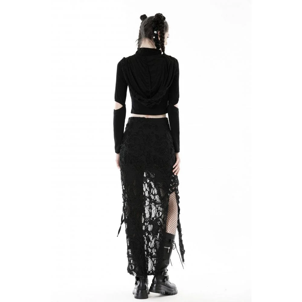 Women's Punk Cutout Eyelet Crop Top with Ripped Hood - Image 10