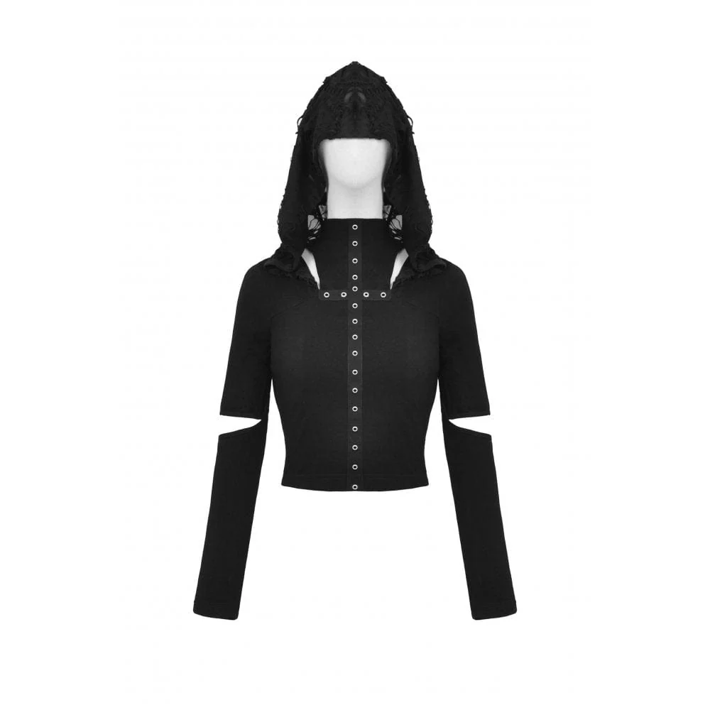 Women's Punk Cutout Eyelet Crop Top with Ripped Hood - Image 11
