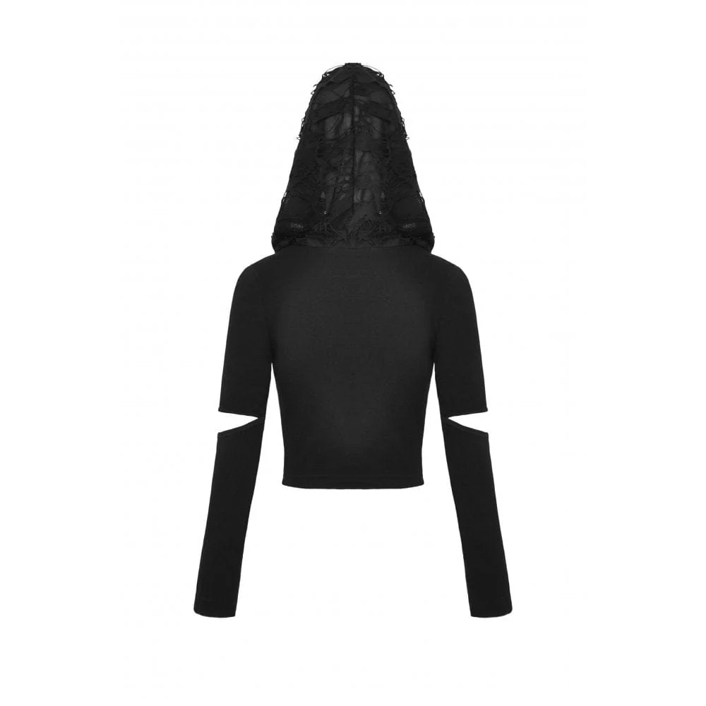 Women's Punk Cutout Eyelet Crop Top with Ripped Hood - Image 12