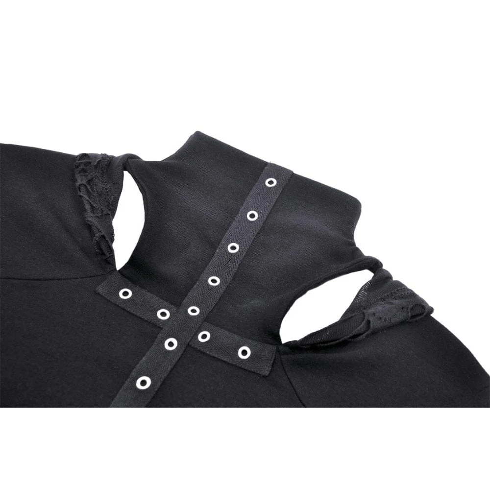 Women's Punk Cutout Eyelet Crop Top with Ripped Hood - Image 13