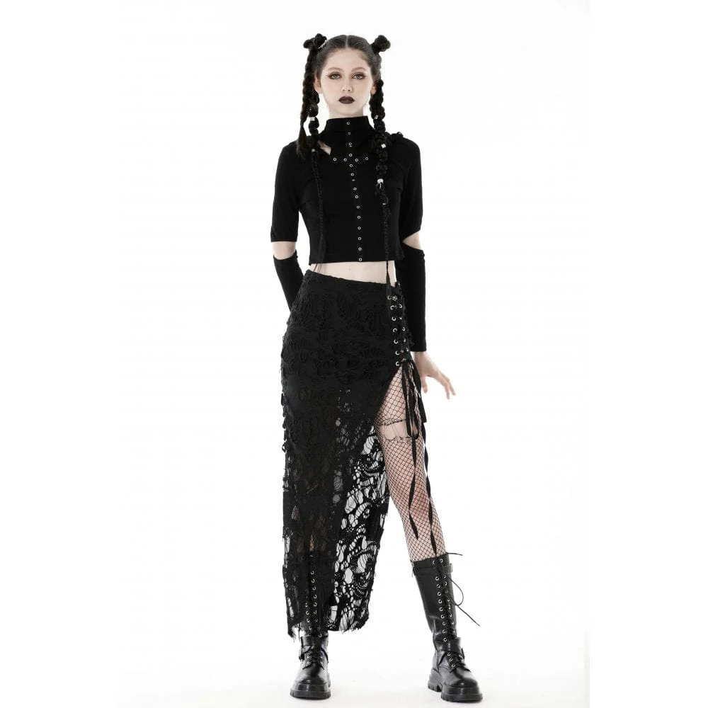Women's Punk Cutout Eyelet Crop Top with Ripped Hood - Image 5