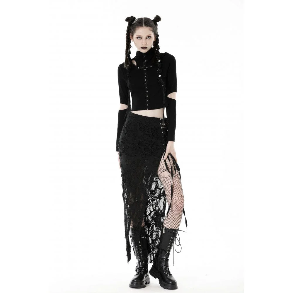 Women's Punk Cutout Eyelet Crop Top with Ripped Hood - Image 6