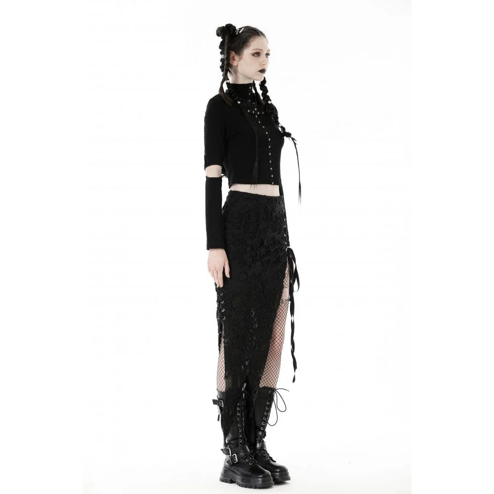 Women's Punk Cutout Eyelet Crop Top with Ripped Hood - Image 8