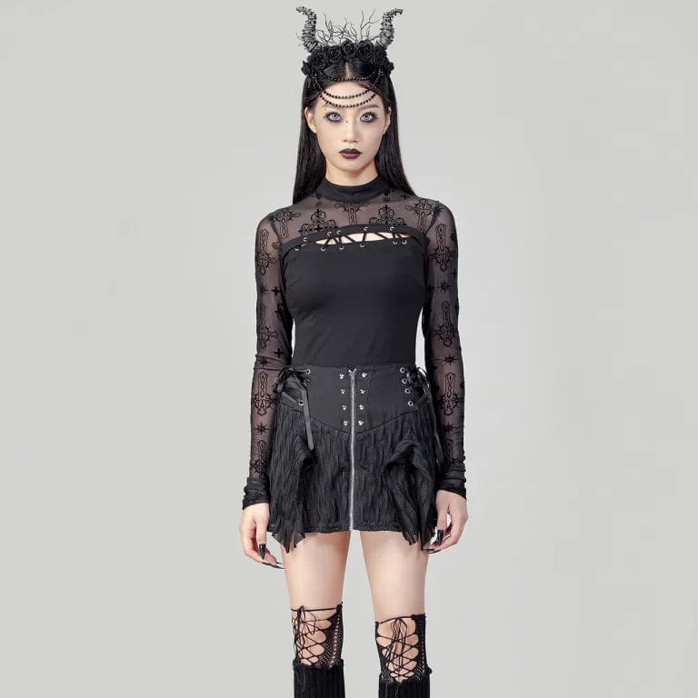 Women's Punk Cutout Flocking Mesh Shirt - Image 3