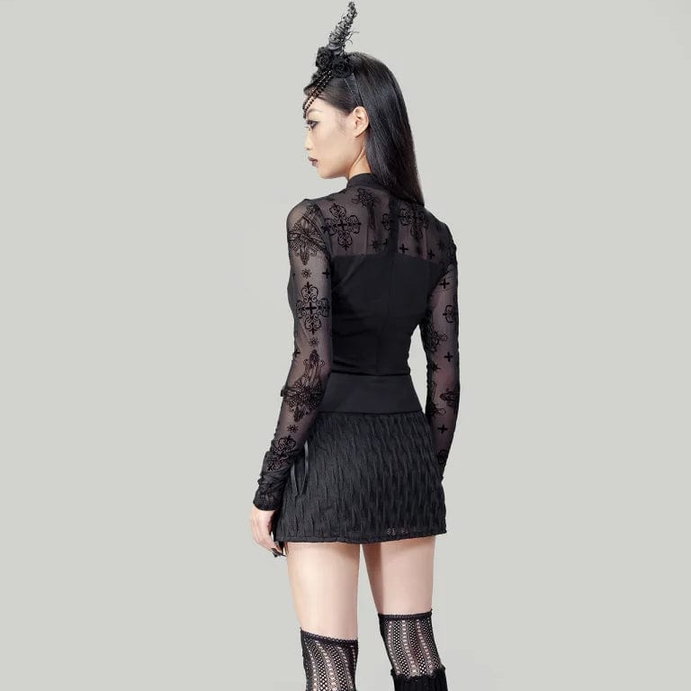 Women's Punk Cutout Flocking Mesh Shirt - Image 5